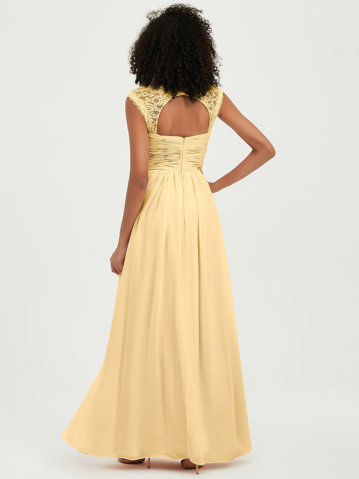 Chiffon Bridesmaid Dresses with Lace Cap Sleeves Gold